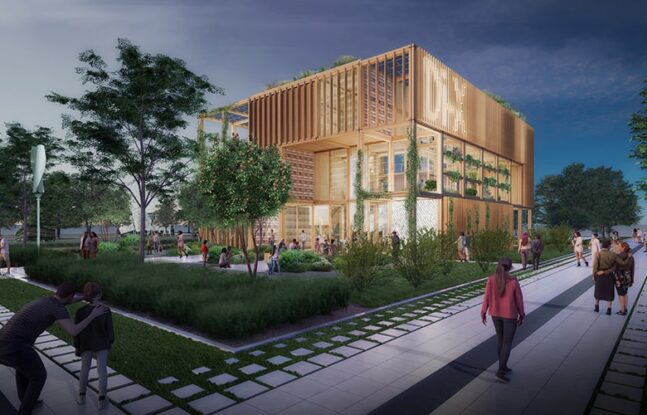 Avond sfeerimpressie verlicht paviljoen, de ‘Dutch Innovation Experience